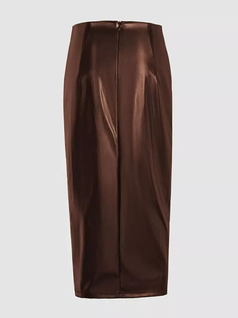 Brown faux-leather midi skirt with ruched detail and slit