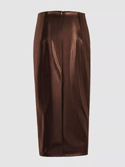 Brown faux-leather midi skirt with ruched detail and slit