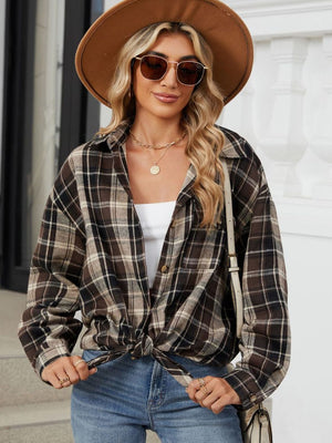 Oversized plaid shacket in coffee brown with button front and knot detail.