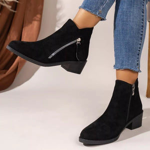 Black suede ankle boots with pointed toe, block heel, and side zipper detail.