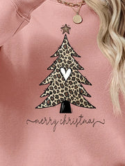 Blush pink sweatshirt with leopard print Christmas tree graphic and merry christmas text
