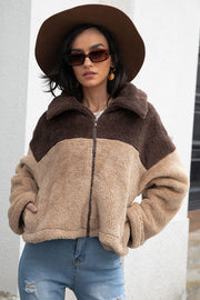 Colorblock teddy zip-up jacket in khaki with a collared neckline and full zip closure.