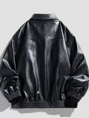 Black leather zip-up coat with elastic cuffs and hem
