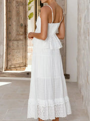 White eyelet lace cami set with tiered skirt and ruffled hem.
