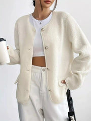 Ivory textured button-up fleece jacket with round neckline and silver buttons
