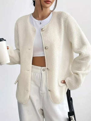 Ivory textured button-up fleece jacket with round neckline and silver buttons