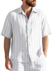 White striped cotton camp collar shirt with button-down front and chest pocket.