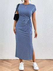 Blue and white striped midi dress with tie-side detail and slit