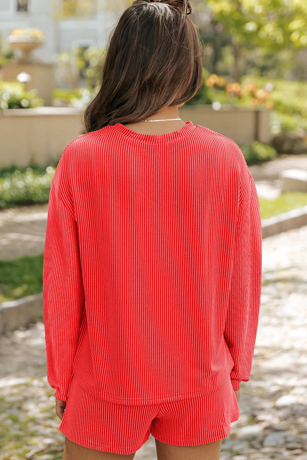 Orange-Red ribbed knit matching set with crew neck top and shorts