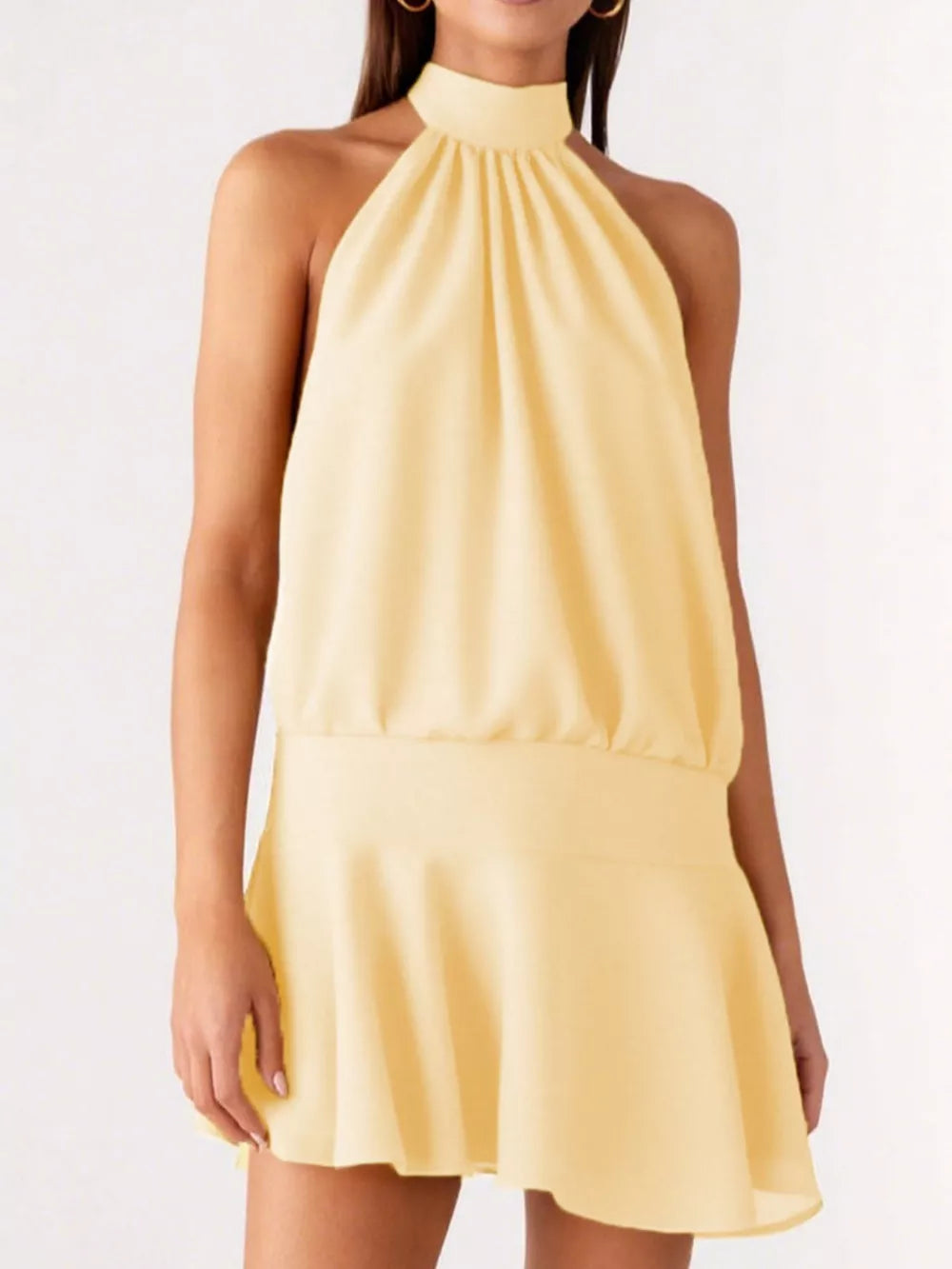 Gathered Waist Backless Halter Dress
