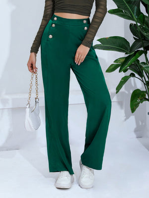 Dark green wide-leg trousers with nautical button detail and a high waist.