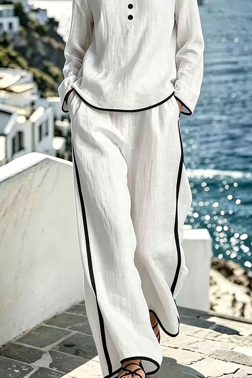 Contrast Trim Long Sleeve Top And Pants Set in Light Blue, close-up detail
