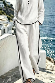 Contrast Trim Long Sleeve Top And Pants Set in Light Blue, close-up detail