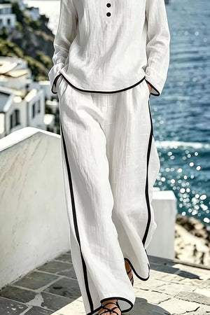 Contrast Trim Long Sleeve Top And Pants Set in Light Blue, close-up detail