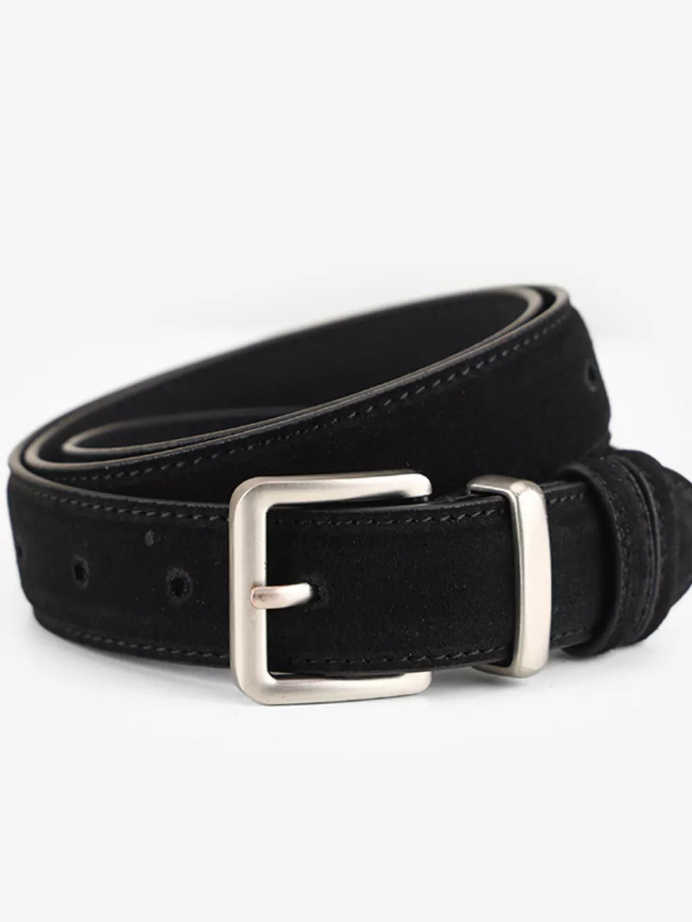 Black cowhide leather belt with silver buckle and stitched detail