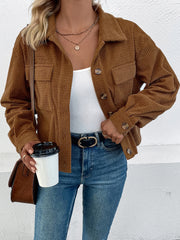 Textured corduroy cropped shirt jacket in camel with button details and chest pockets.