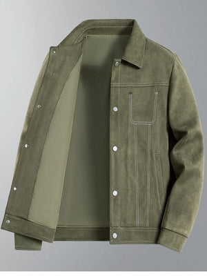 Plus-size army green trucker jacket with snap buttons and contrast stitching.
