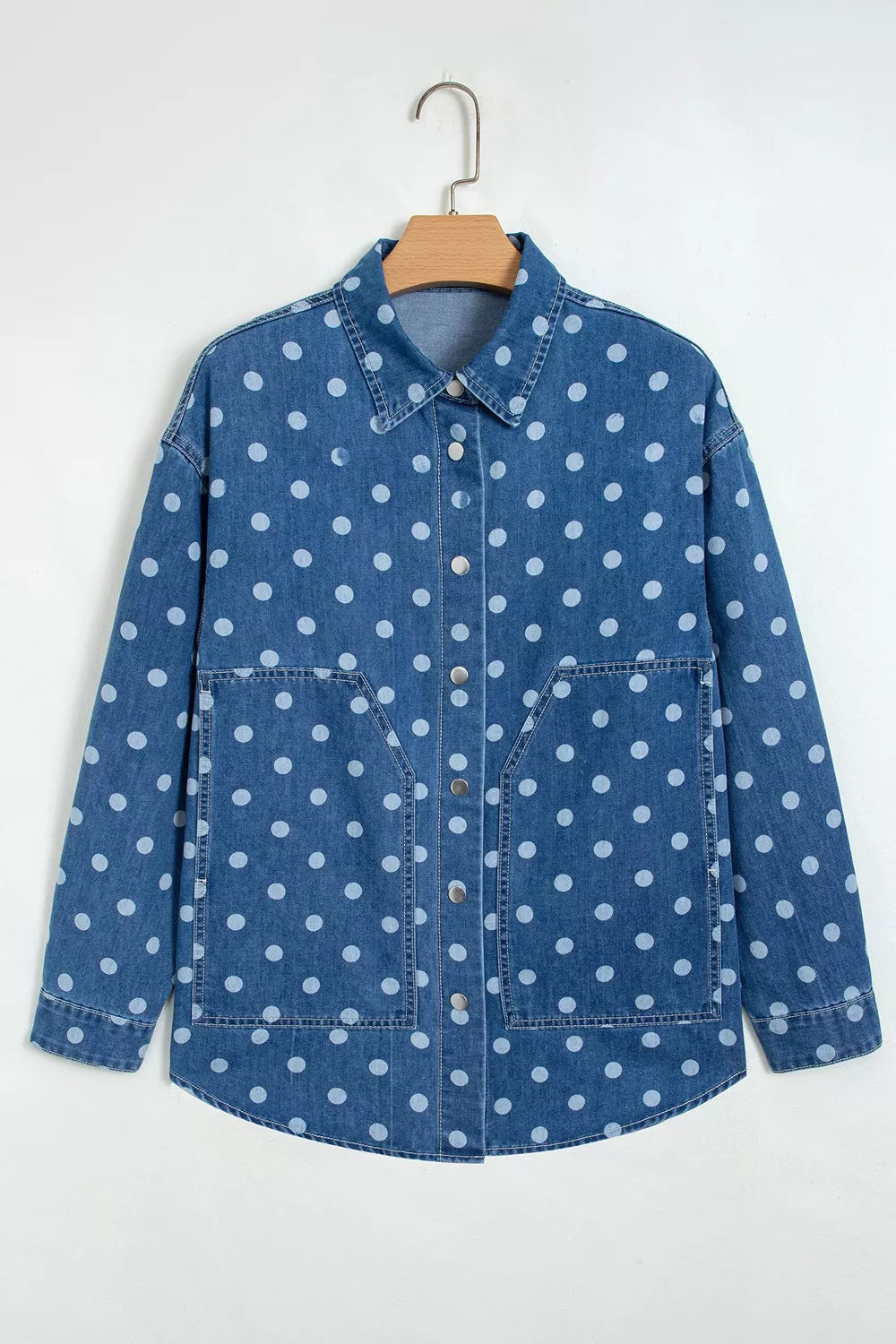 Polka Dot Long Sleeve Collar Shift Tunic Denim Jacket in Dusty Blue, back view
