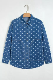 Polka Dot Long Sleeve Collar Shift Tunic Denim Jacket in Dusty Blue, back view