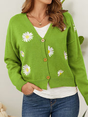 Mid Green V-neck cardigan with all-over daisy embroidery and button front.