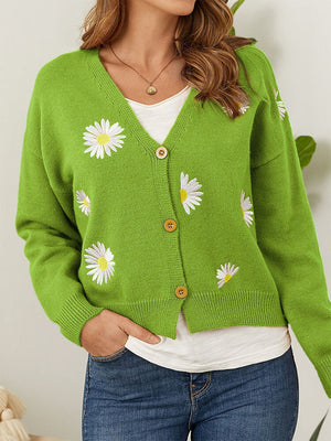 Mid Green V-neck cardigan with all-over daisy embroidery and button front.