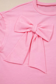 Solid Color Raw Edge Bow Patch Loose T Shirt in Pink, alternate angle