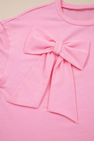 Solid Color Raw Edge Bow Patch Loose T Shirt in Pink, alternate angle