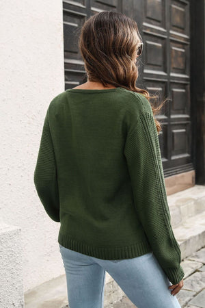 Army green acrylic V-neck sweater with vertical ribbed sleeves and hem.