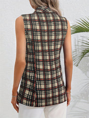 Tailored plaid vest with notch lapel in khaki, featuring a buttoned front and collared neckline.
