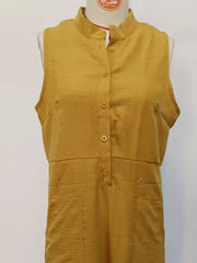 Yellow button-down sleeveless romper with mandarin collar and pockets.