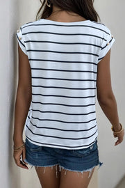 Button-shoulder stripe tee with cap sleeves in black and white stripe.