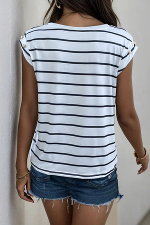 Button-shoulder stripe tee with cap sleeves in black and white stripe.