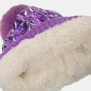 Purple metallic padded beanie with faux fur pom and sherpa lining