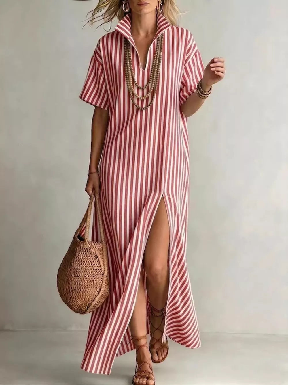 Full Size Striped Maxi Dress With Side Slit, model styling view