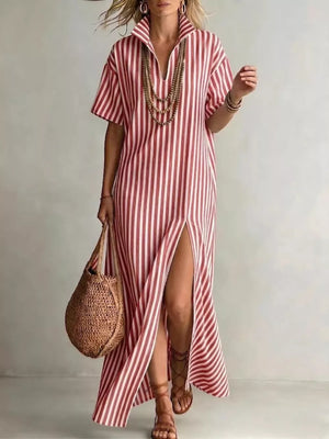 Full Size Striped Maxi Dress With Side Slit, model styling view