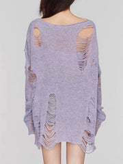 Lilac ripped knit oversized beach pullover sweater with boat neck and distressed details.