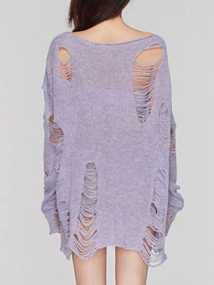 Lilac ripped knit oversized beach pullover sweater with boat neck and distressed details.