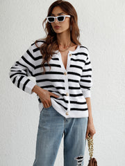 Black and white striped knit cardigan with button front and pockets