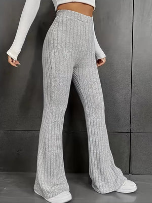Ribbed high-waist flare maternity pants in heather gray, comfortable and stretchy for curves.