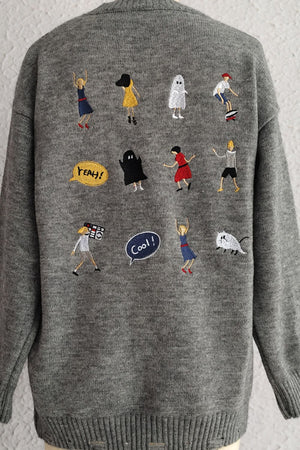 Dark gray acrylic knit sweater with embroidered characters and speech bubbles.
