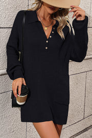 Black ribbed knit polo dress with pockets and button neckline.