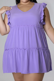 Lavender tiered ruffle babydoll mini dress with V-neck and flutter sleeves.