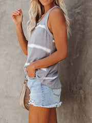 Gray and white striped scoop neck tank top with a casual fit.
