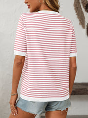 Retro stripe knit tee in blush pink with white contrast trim and short sleeves.