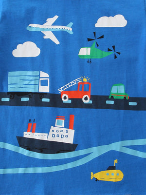 Boys' blue cotton underwear with a vibrant transportation print of planes, trucks, cars, boats, and submarines.