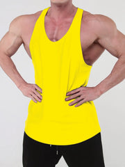 Yellow scoop neck workout tank top with a curved hem.