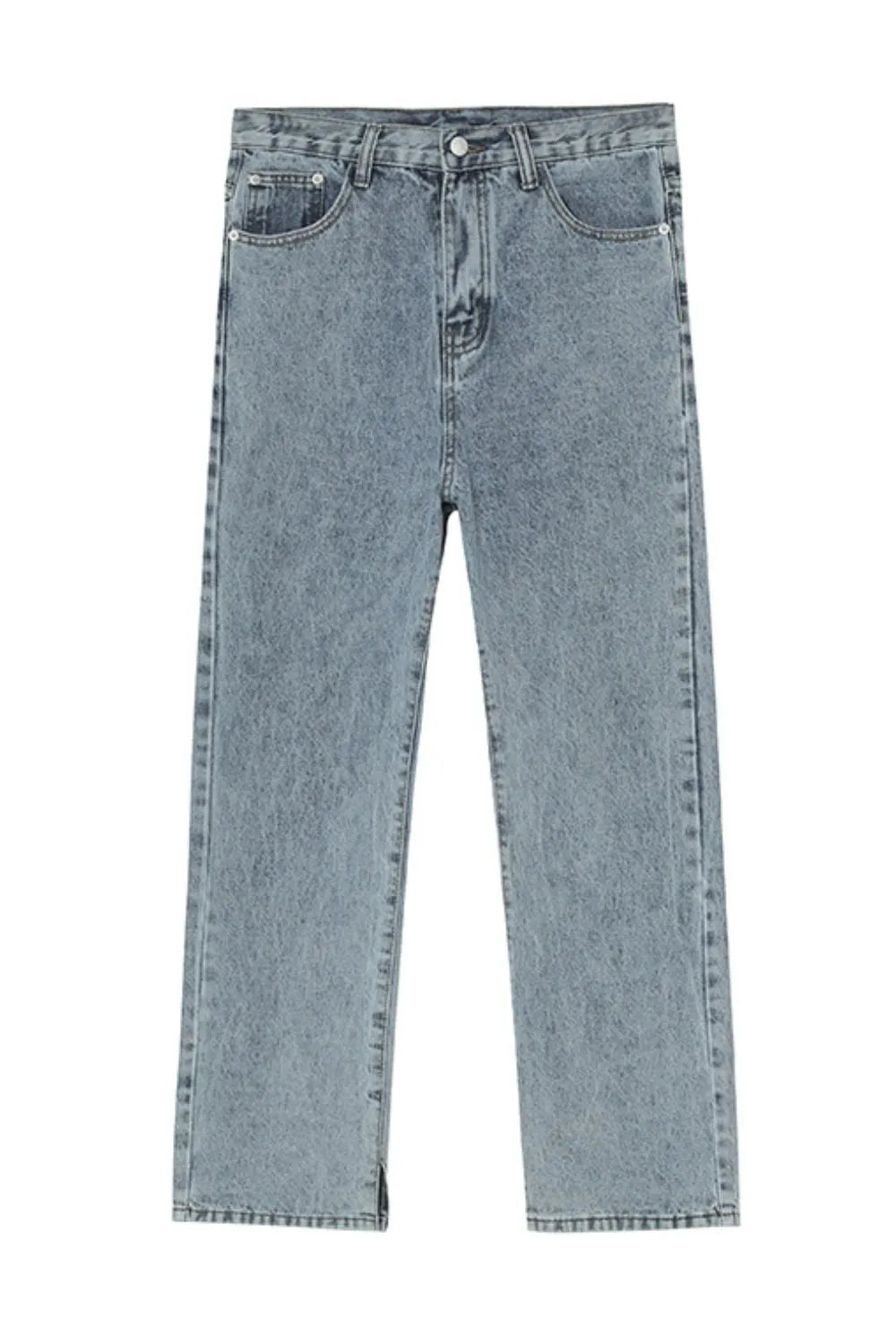 Split hem straight leg jeans in medium acid wash denim with a casual, chic fit.
