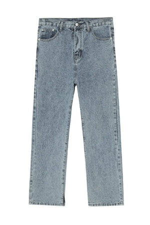 Split hem straight leg jeans in medium acid wash denim with a casual, chic fit.