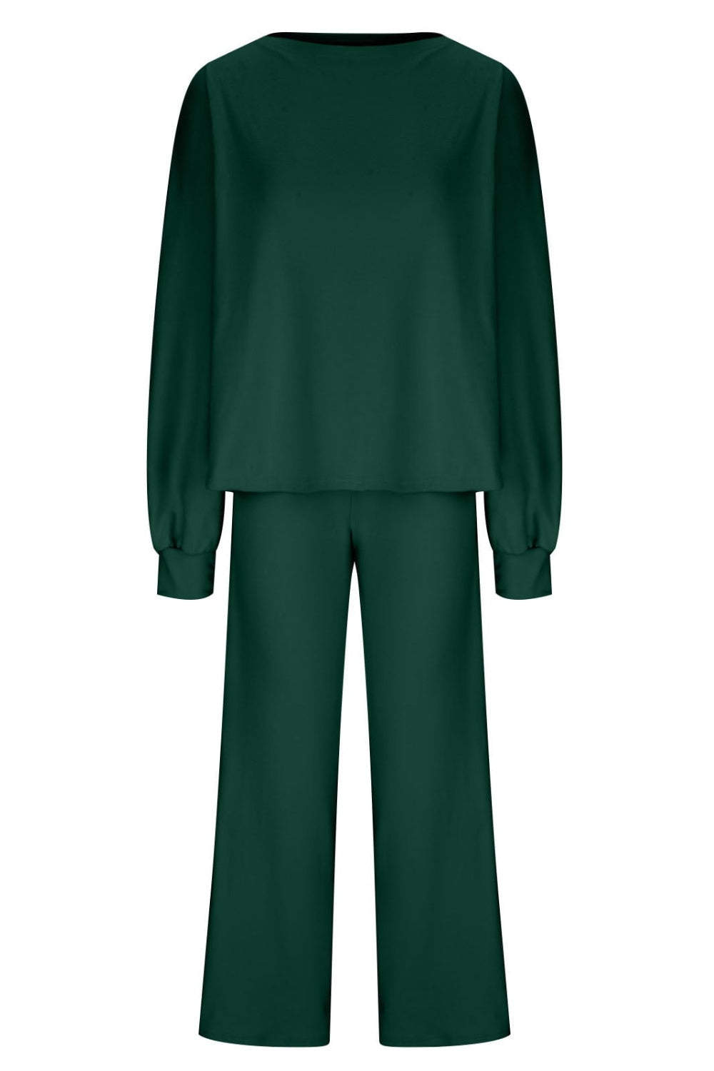 Wide-leg lounge set in Black Forest with balloon sleeves and crew neck top.