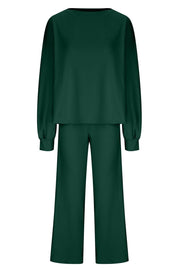 Wide-leg lounge set in Black Forest with balloon sleeves and crew neck top.